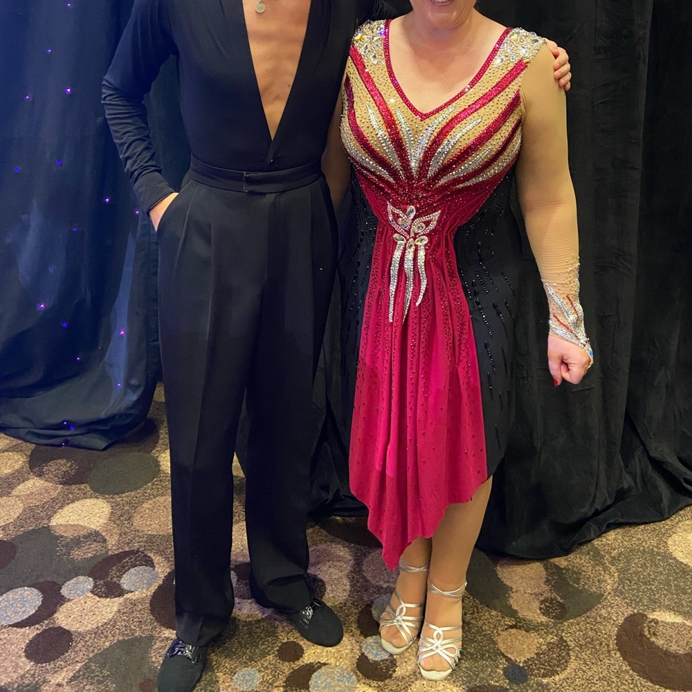 Elegant dark red/pink and black ballroom dance dress